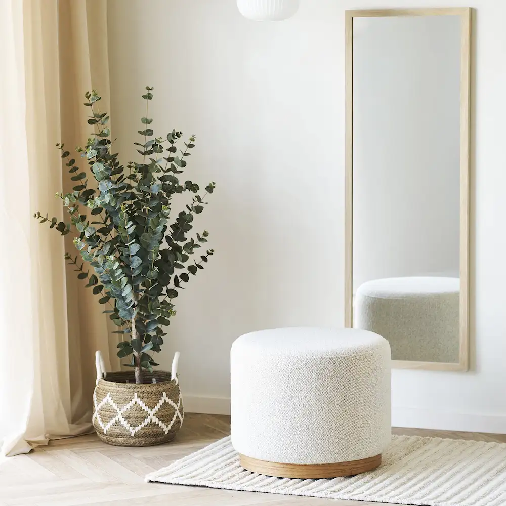 Pouf bois et tissu beige rond diamètre 50 cm