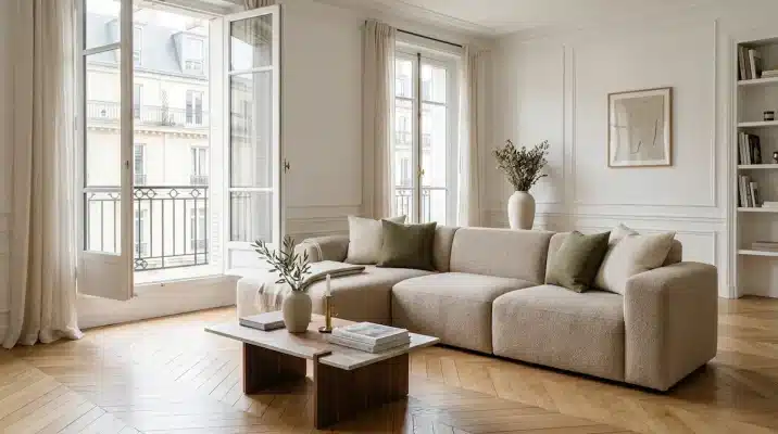 Canapé design moderne beige dans un salon lumineux mettant en valeur une assise confortable et durable