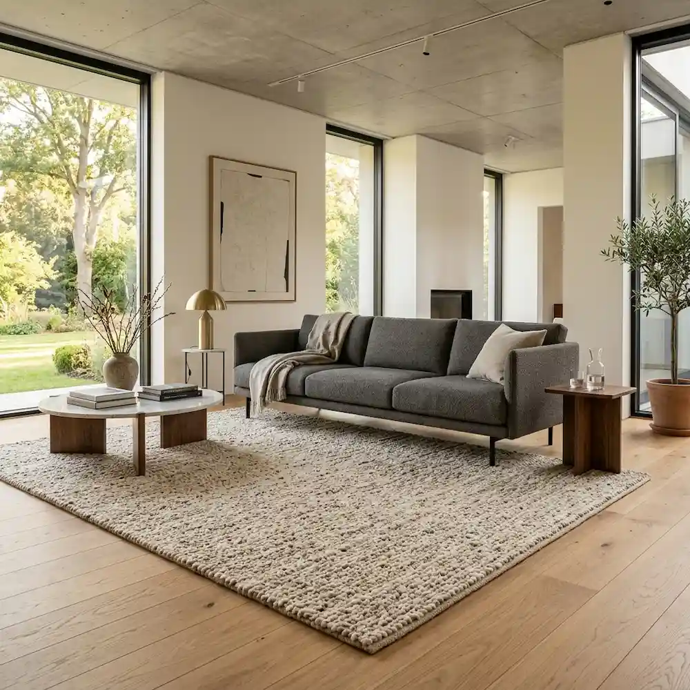 Grand tapis élégant disposé sous les pieds d'un canapé pour structurer le salon