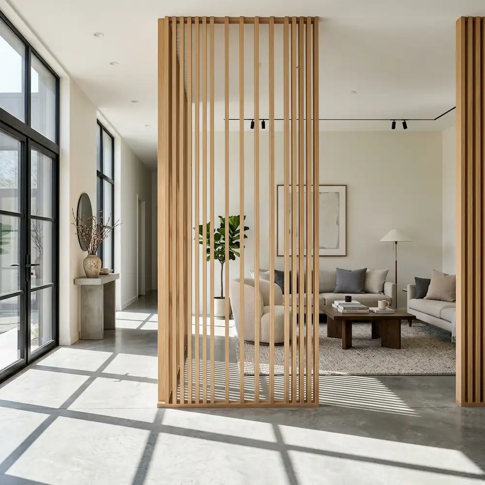Séparation d'espace élégante avec un claustra vertical en tasseaux de bois clair laissant passer la lumière naturelle.