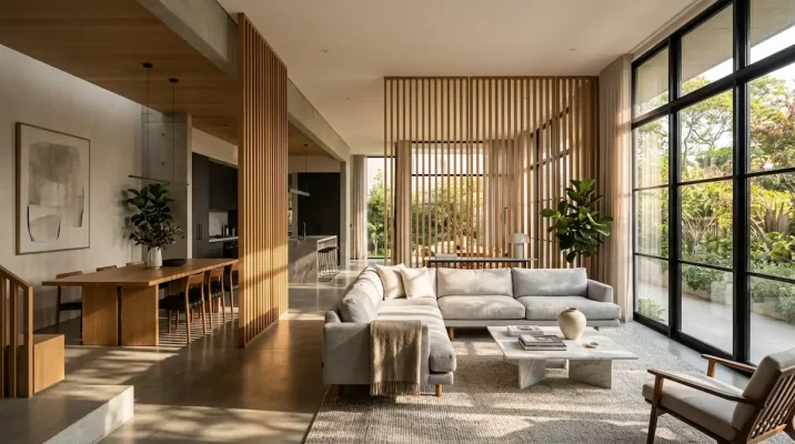 Intérieur architectural moderne et lumineux illustrant des alternatives au mur plein pour délimiter les espaces avec fluidité.