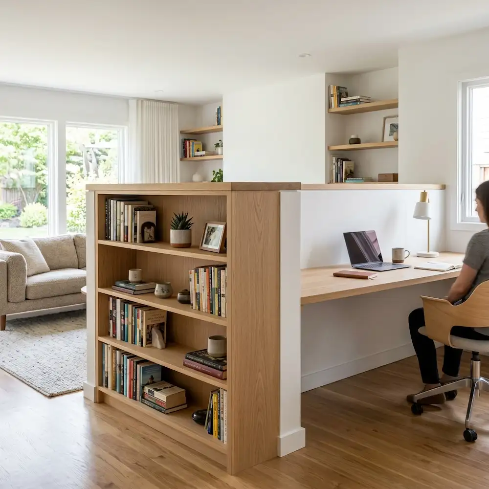 Demi-cloison basse intégrant une bibliothèque sur mesure pour délimiter un bureau sans bloquer la vue.